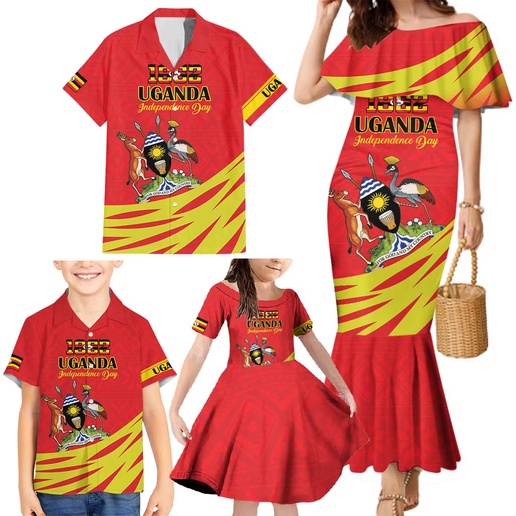 Custom Uganda Independence Day 1962 Family Matching Mermaid Dress and Hawaiian Shirt Coat Of Arms With Kente Patterns - Wonder Print Shop