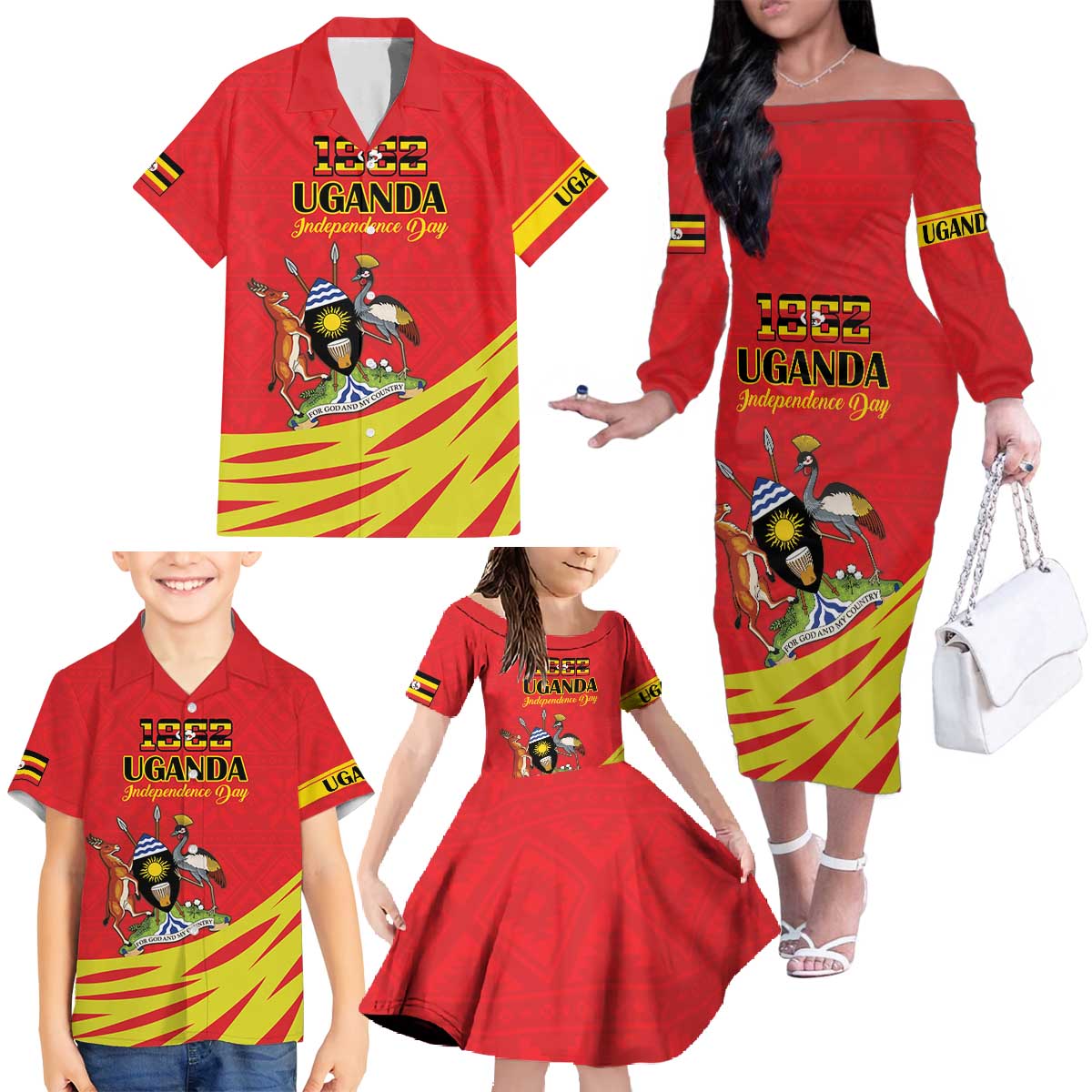 Custom Uganda Independence Day 1962 Family Matching Off The Shoulder Long Sleeve Dress and Hawaiian Shirt Coat Of Arms With Kente Patterns - Wonder Print Shop