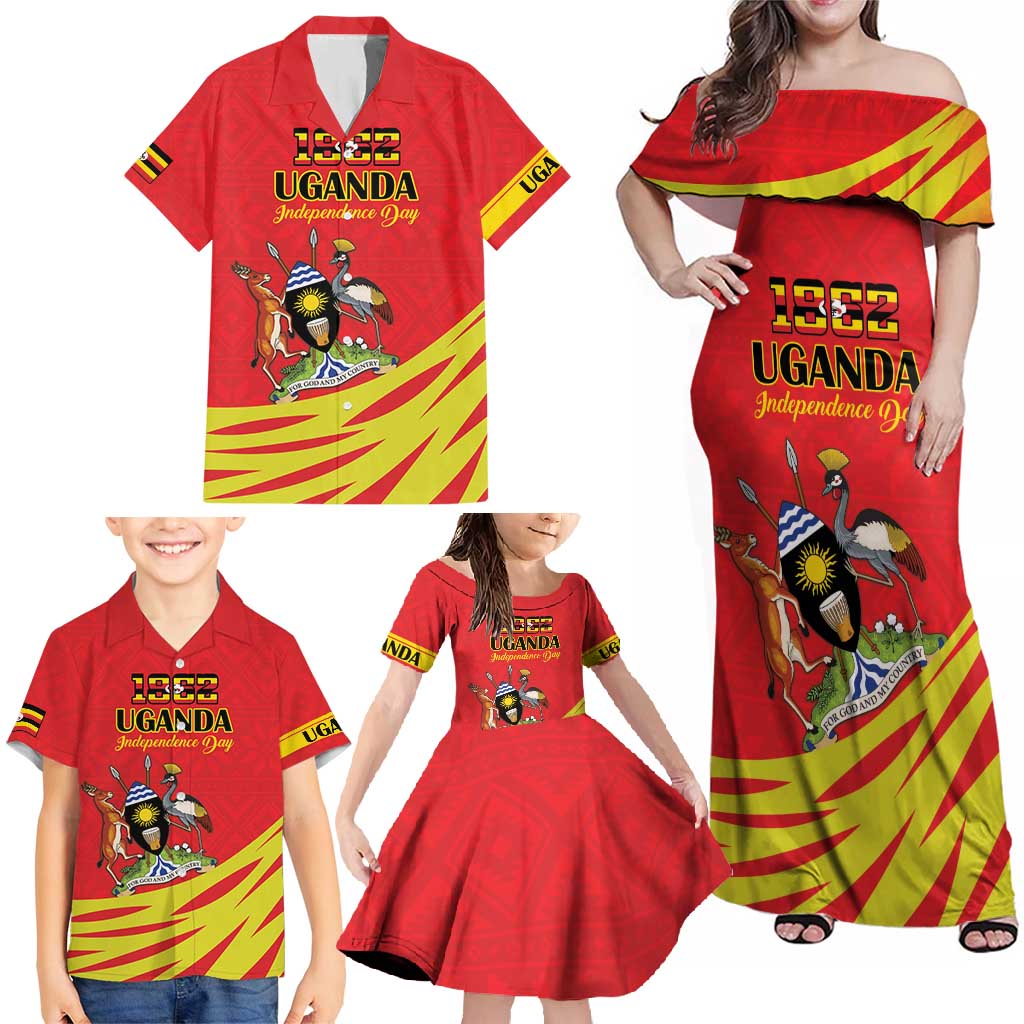 Custom Uganda Independence Day 1962 Family Matching Off Shoulder Maxi Dress and Hawaiian Shirt Coat Of Arms With Kente Patterns - Wonder Print Shop