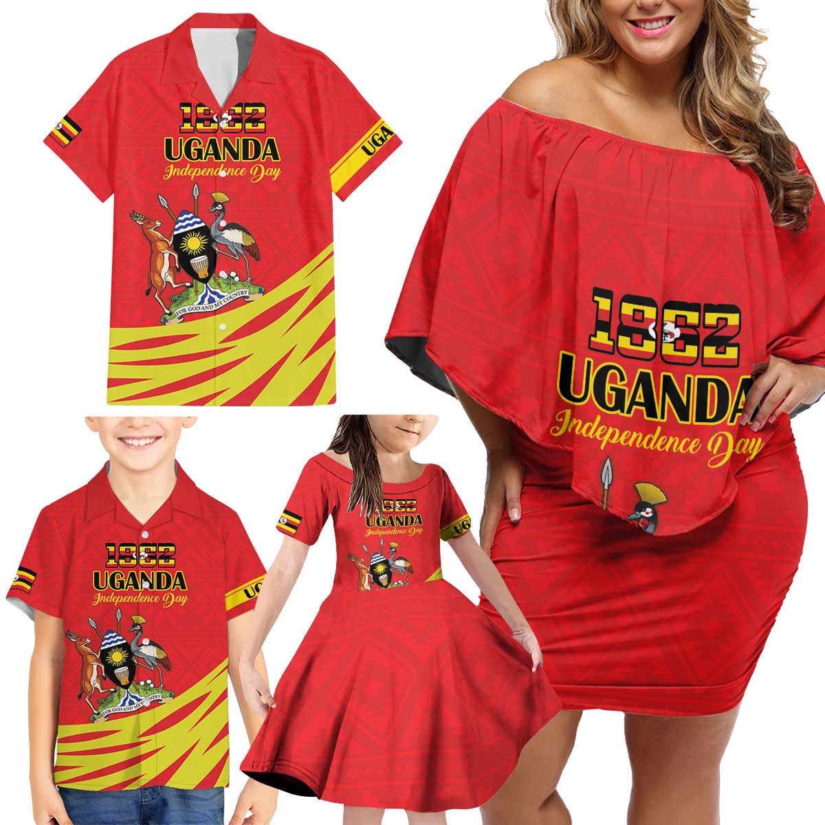 Custom Uganda Independence Day 1962 Family Matching Off Shoulder Short Dress and Hawaiian Shirt Coat Of Arms With Kente Patterns - Wonder Print Shop