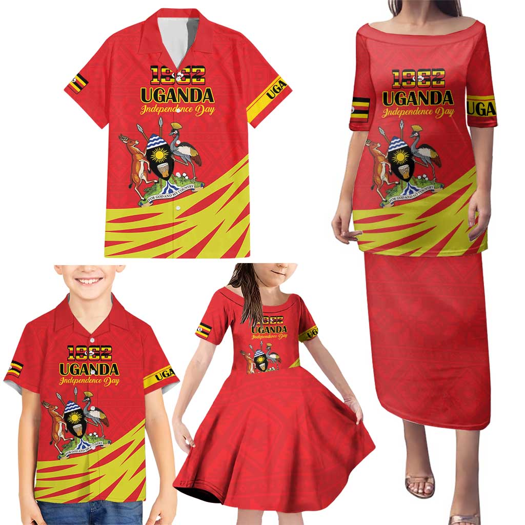 Custom Uganda Independence Day 1962 Family Matching Puletasi and Hawaiian Shirt Coat Of Arms With Kente Patterns - Wonder Print Shop