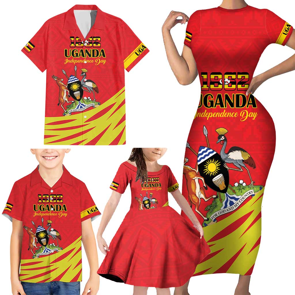 Custom Uganda Independence Day 1962 Family Matching Short Sleeve Bodycon Dress and Hawaiian Shirt Coat Of Arms With Kente Patterns - Wonder Print Shop