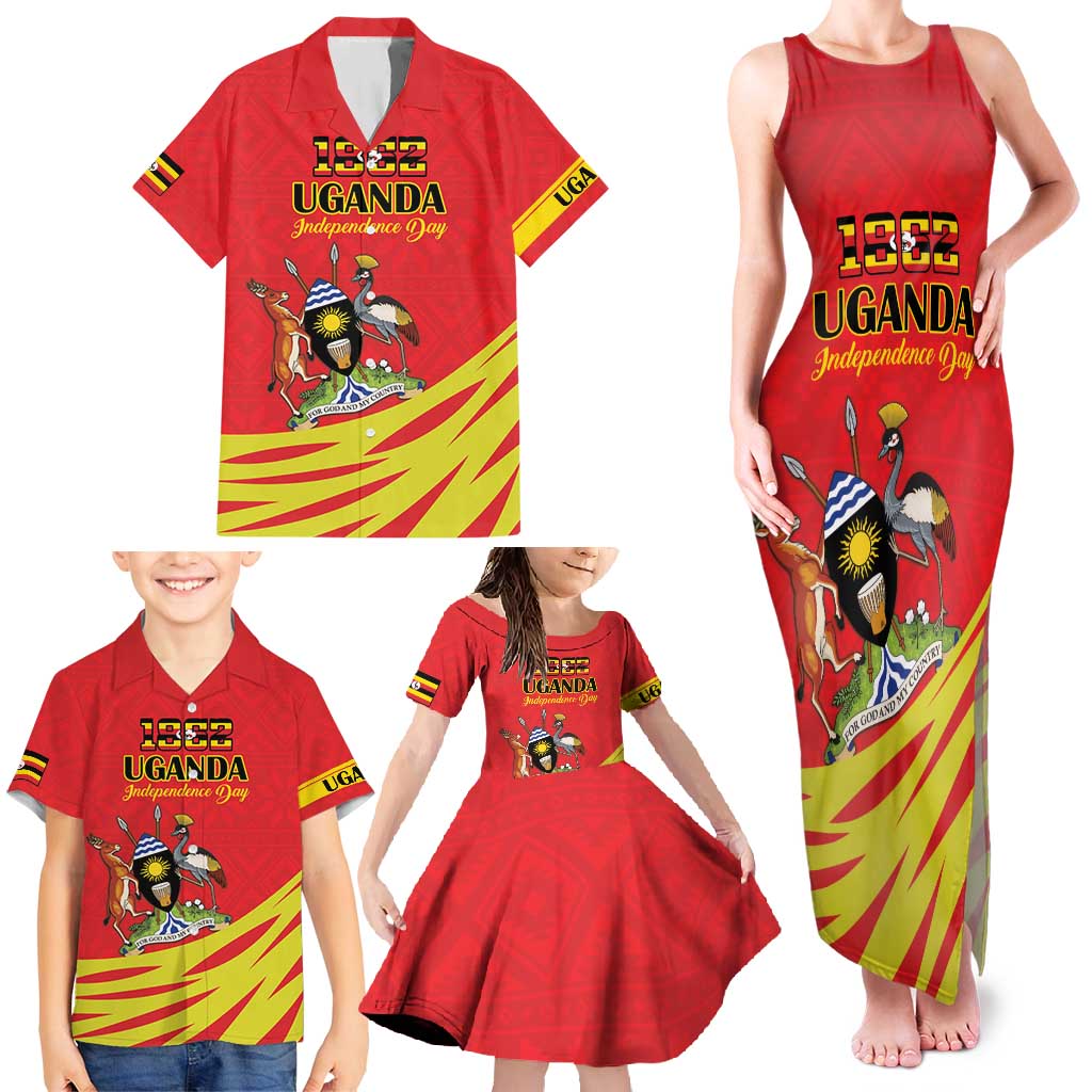 Custom Uganda Independence Day 1962 Family Matching Tank Maxi Dress and Hawaiian Shirt Coat Of Arms With Kente Patterns - Wonder Print Shop