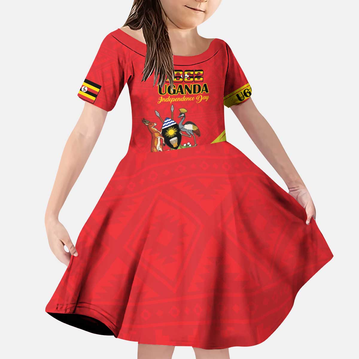 Custom Uganda Independence Day 1962 Kid Short Sleeve Dress Coat Of Arms With Kente Patterns - Wonder Print Shop