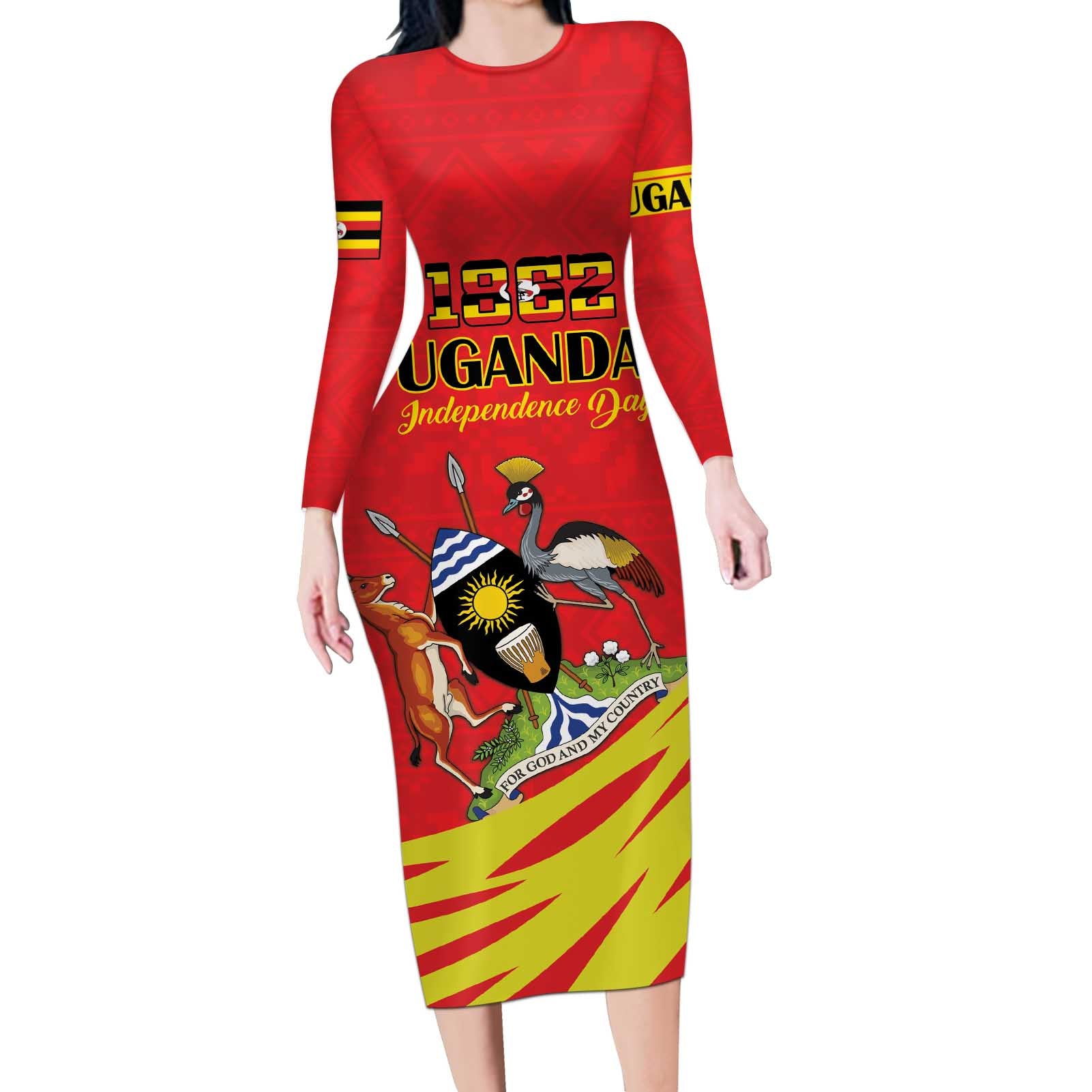 Custom Uganda Independence Day 1962 Long Sleeve Bodycon Dress Coat Of Arms With Kente Patterns - Wonder Print Shop