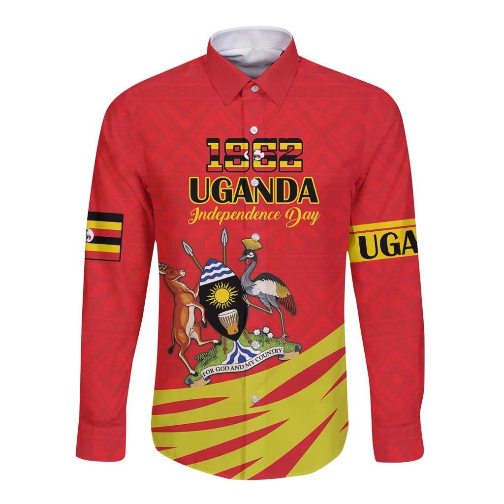 Red long-sleeve button shirt with 1962 Uganda Independence Day crest and kente patterns
