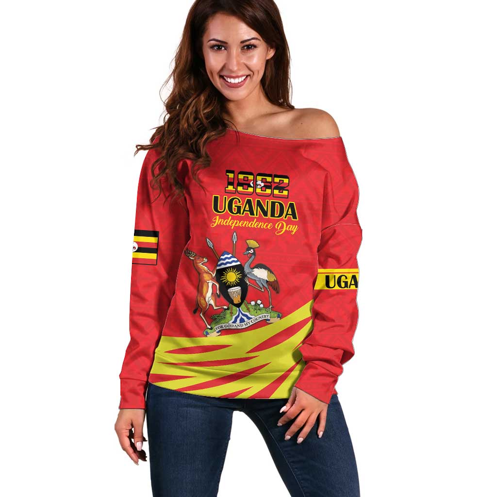 Custom Uganda Independence Day 1962 Off Shoulder Sweater Coat Of Arms With Kente Patterns - Wonder Print Shop