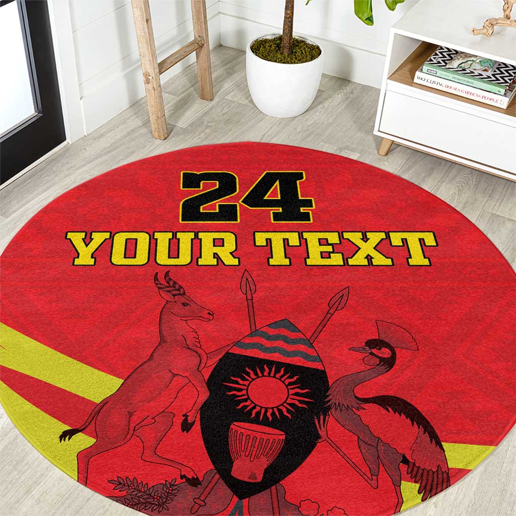 Red round carpet with yellow stripe and '24 YOUR TEXT' coat of arms graphic