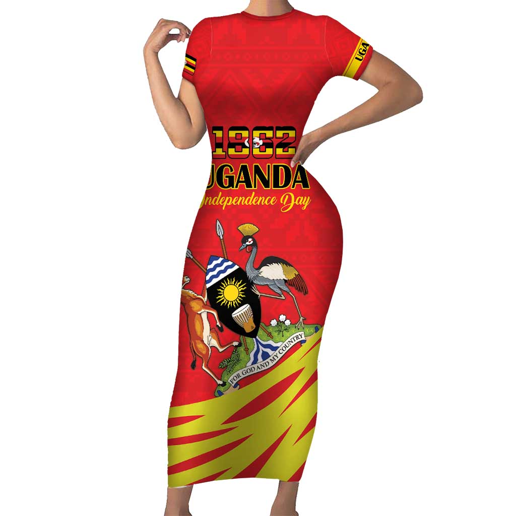 Custom Uganda Independence Day 1962 Short Sleeve Bodycon Dress Coat Of Arms With Kente Patterns - Wonder Print Shop