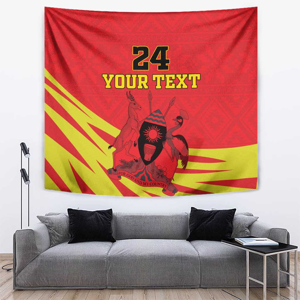Red tapestry wall hanging with coat of arms crest and '24 YOUR TEXT' on yellow rays