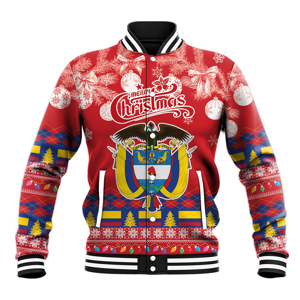 Red Christmas baseball jacket with festive front graphic, ribbed collar and cuffs