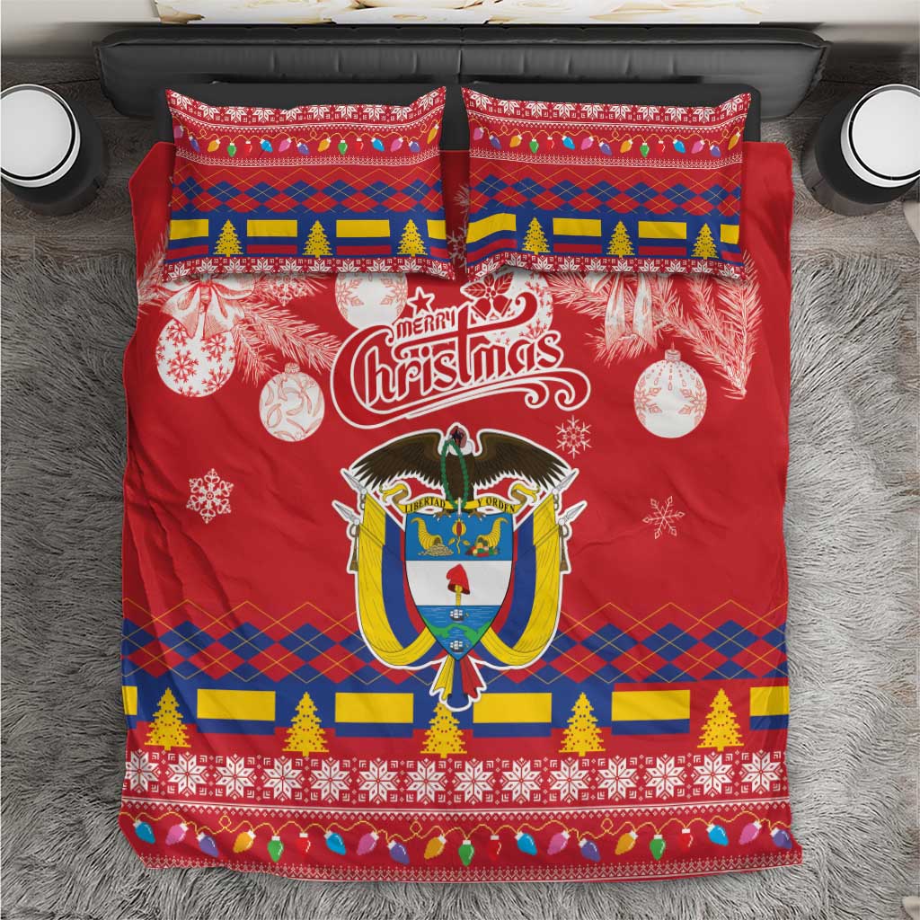 Red Christmas bedding set with Merry Christmas text, eagle shield, and holiday patterns
