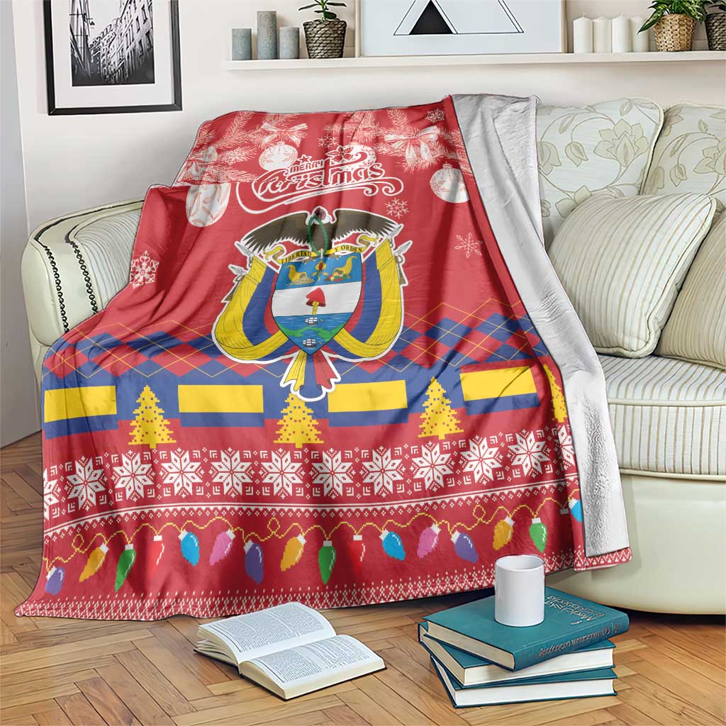 Red Christmas blanket with coat-of-arms emblem, snowflakes, and festive border design
