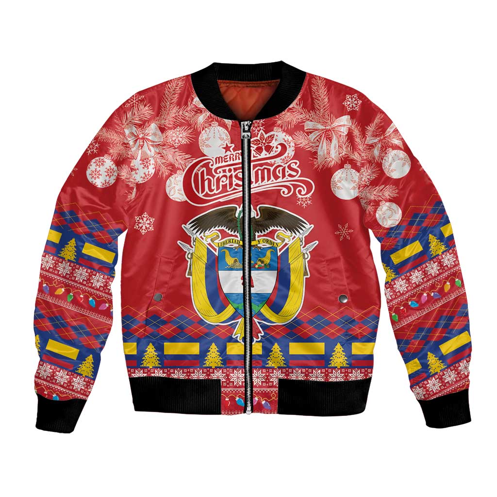 Red Christmas bomber jacket with front zipper and Colombia emblem, festive scarf trim
