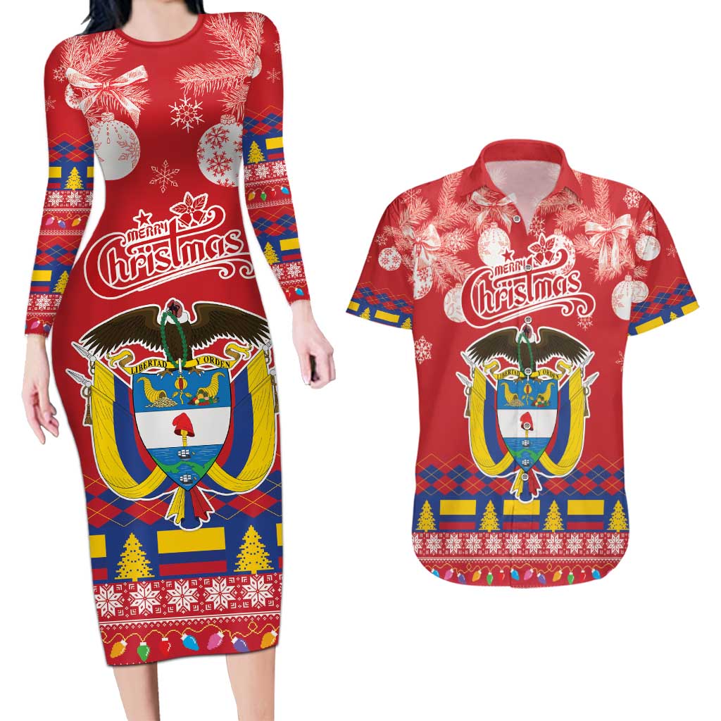 Colombia Christmas Couples Matching Long Sleeve Bodycon Dress and Hawaiian Shirt Libertad y Orden With Feliz Navidad - Wonder Print Shop