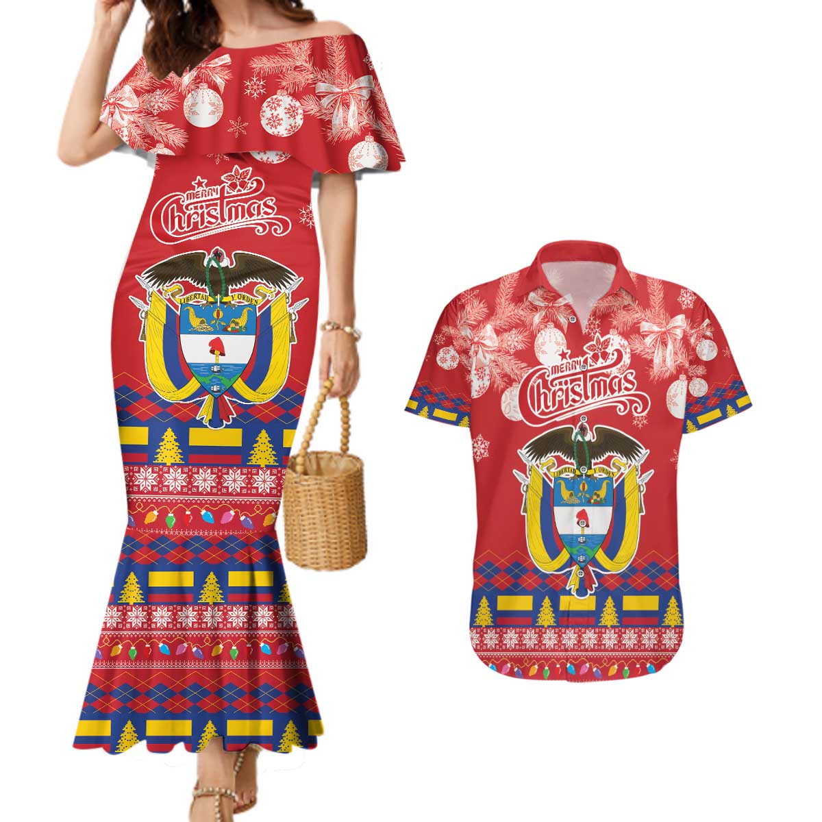 Colombia Christmas Couples Matching Mermaid Dress and Hawaiian Shirt Libertad y Orden With Feliz Navidad - Wonder Print Shop