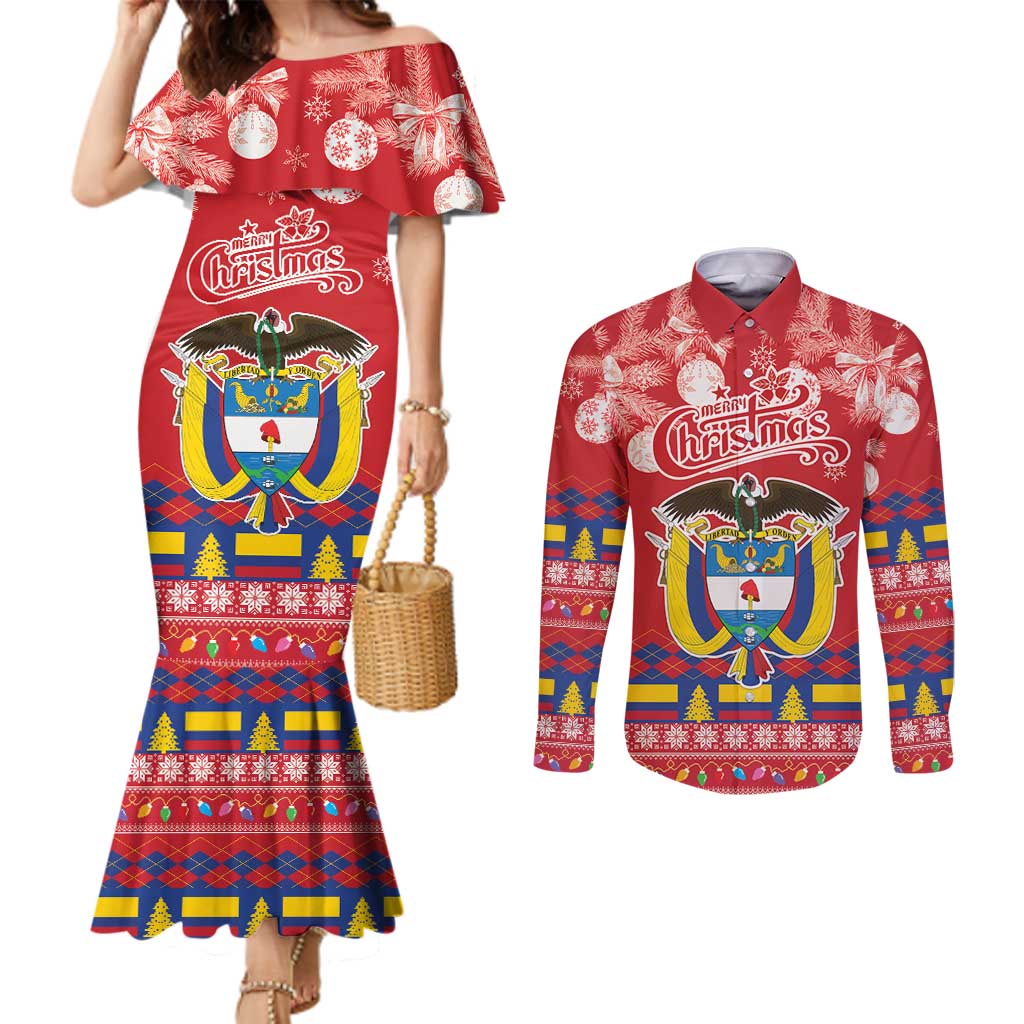 Colombia Christmas Couples Matching Mermaid Dress and Long Sleeve Button Shirt Libertad y Orden With Feliz Navidad