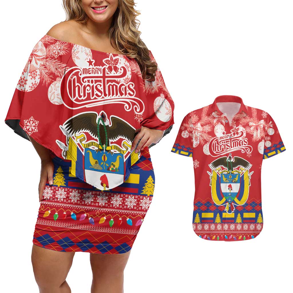 Colombia Christmas Couples Matching Off Shoulder Short Dress and Hawaiian Shirt Libertad y Orden With Feliz Navidad - Wonder Print Shop