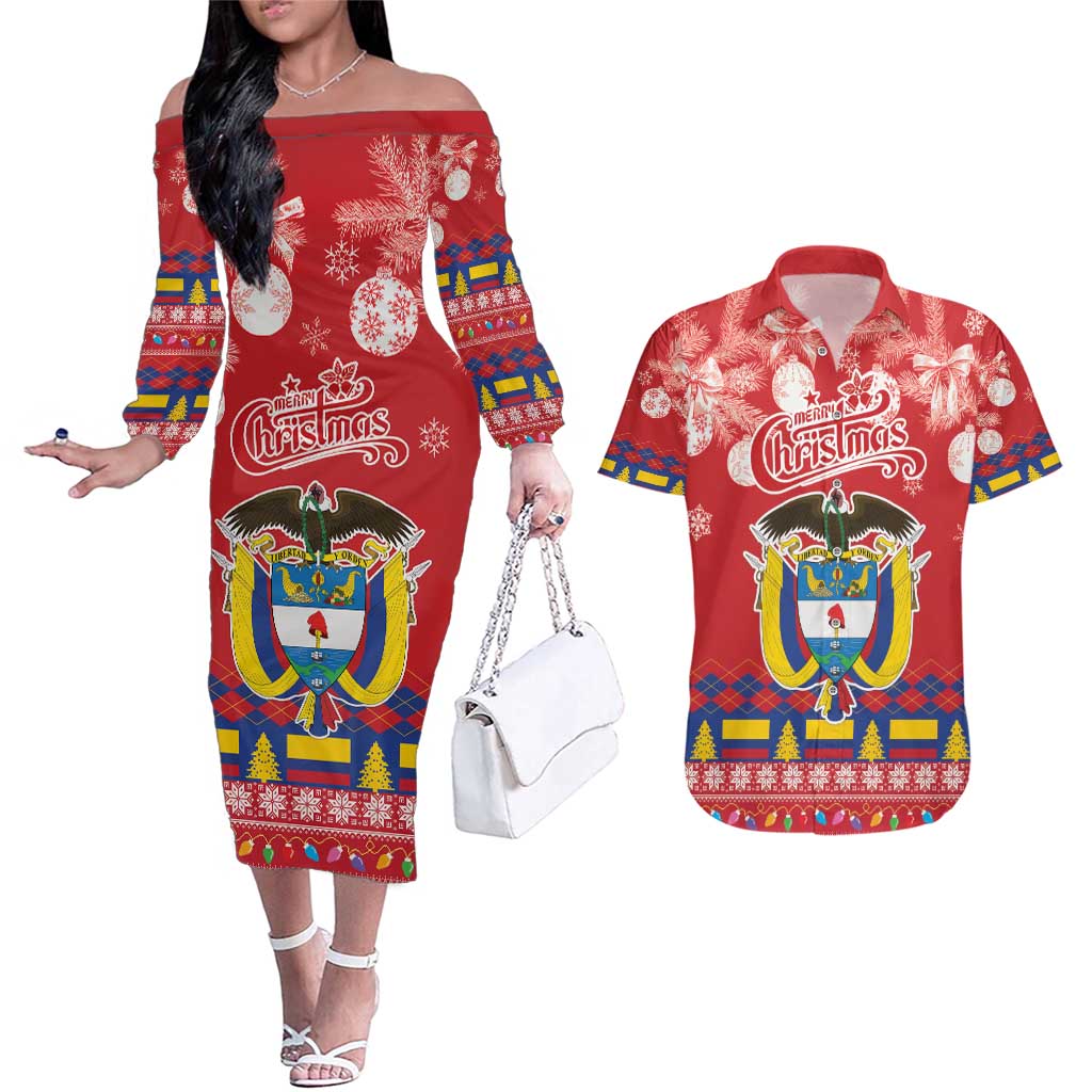 Colombia Christmas Couples Matching Off The Shoulder Long Sleeve Dress and Hawaiian Shirt Libertad y Orden With Feliz Navidad - Wonder Print Shop