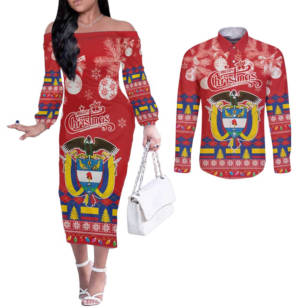 Colombia Christmas Couples Matching Off The Shoulder Long Sleeve Dress and Long Sleeve Button Shirt Libertad y Orden With Feliz Navidad