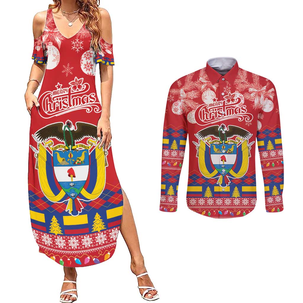 Colombia Christmas Couples Matching Summer Maxi Dress and Long Sleeve Button Shirt Libertad y Orden With Feliz Navidad - Wonder Print Shop