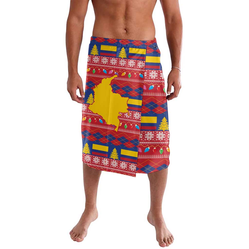 Red and blue Colombian style lavalava wrap skirt with festive pattern, mid-length