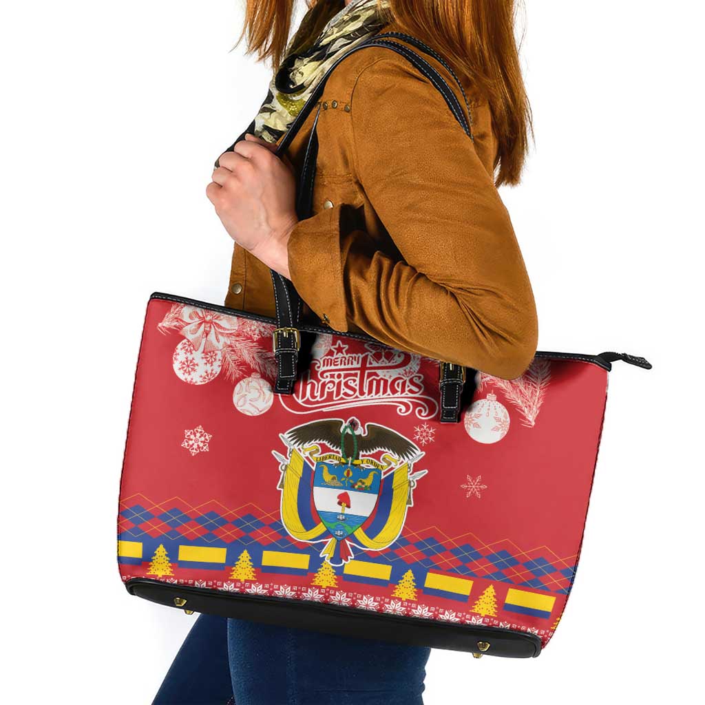 Colombia Christmas Leather Tote Bag Libertad y Orden With Feliz Navidad - Wonder Print Shop