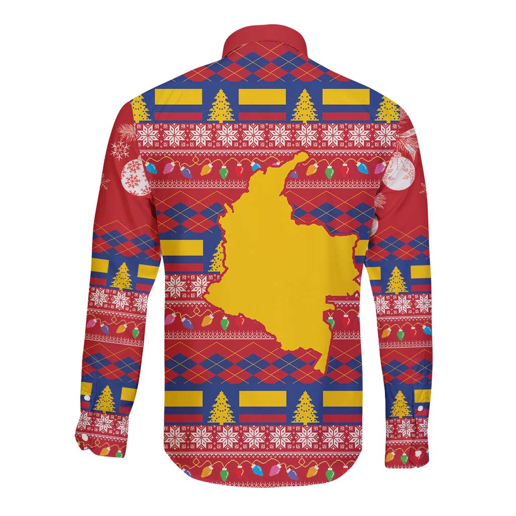 Red long-sleeve button shirt with colorful Colombia map and Christmas pattern, back view