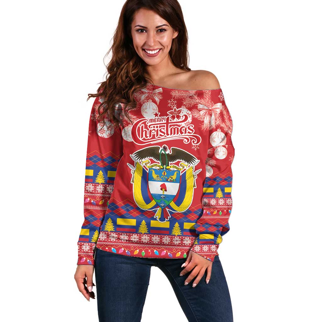 Colombia Christmas Off Shoulder Sweater Libertad y Orden With Feliz Navidad - Wonder Print Shop