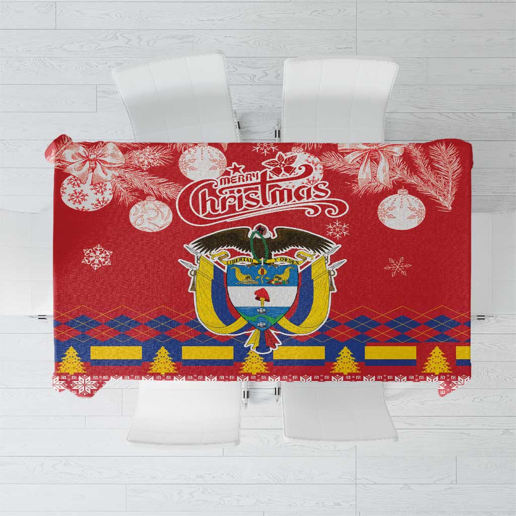 Red Christmas tablecloth with Merry Christmas text and colorful crest center