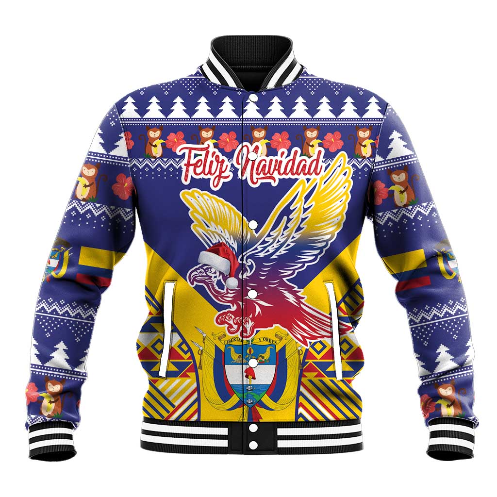 Blue unisex baseball jacket with striped collar and colorful Christmas condor graphic front