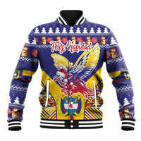 Blue unisex baseball jacket with striped collar and colorful Christmas condor graphic front