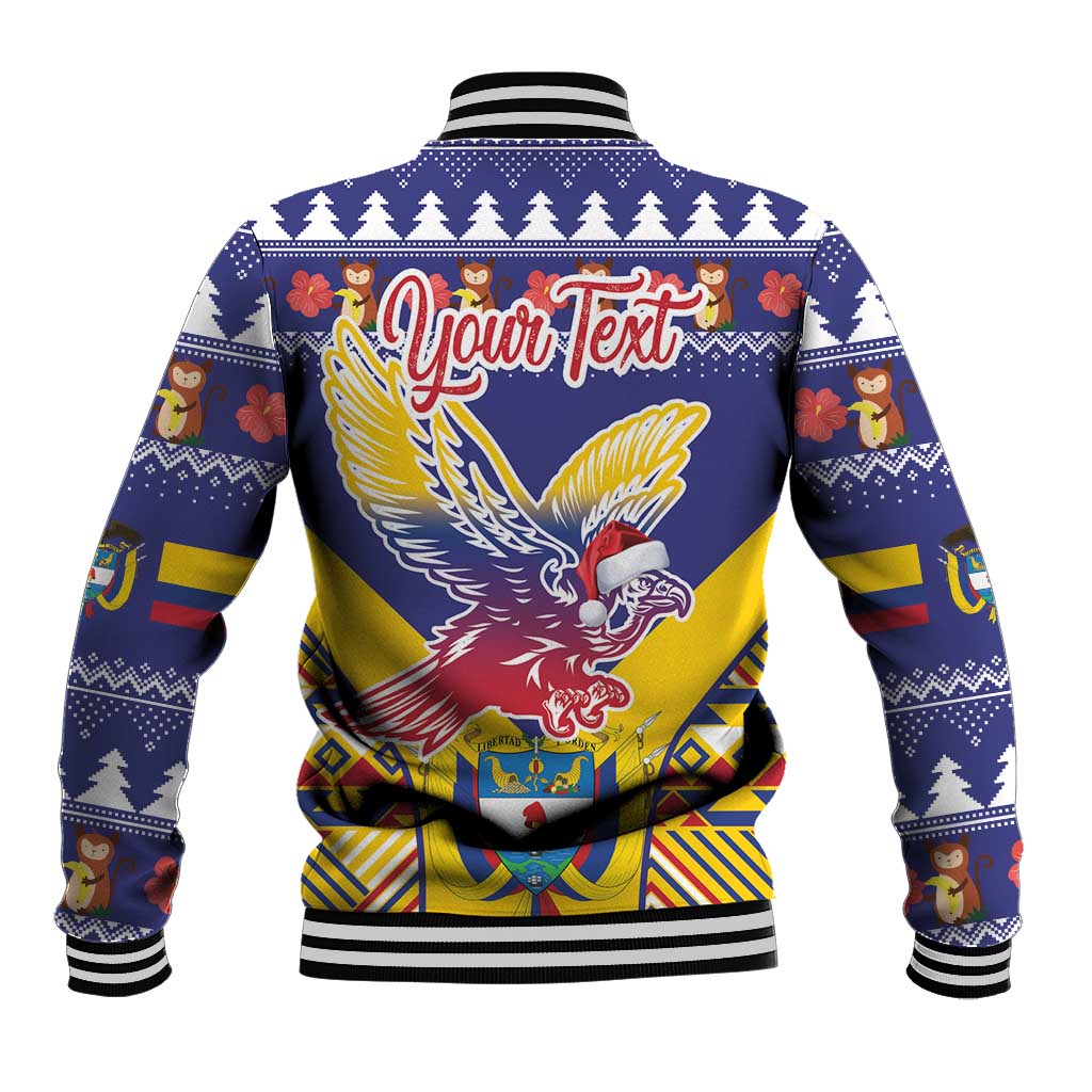 Blue unisex baseball jacket with striped cuffs, back condor holiday graphic and lettering