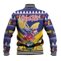Blue unisex baseball jacket with striped cuffs, back condor holiday graphic and lettering