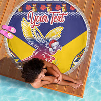 Personalized round beach blanket with blue and yellow condor design, tassel fringe