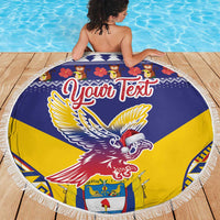 Round beach blanket with blue and yellow condor, Your Text script, white fringe