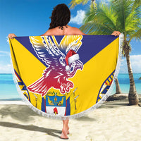 Personalized round beach blanket, blue and yellow condor with Santa hat motif, fringe