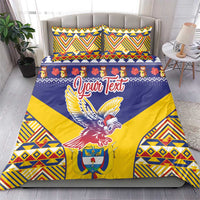 Personalized bedding set with two pillows, blue and yellow condor crest center design