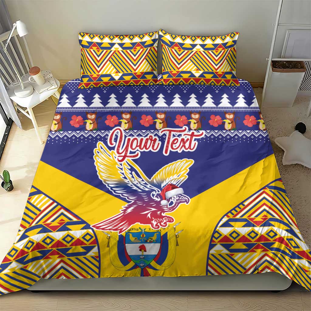 Personalized Christmas bedding set on bed with blue and yellow condor banner motif