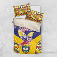 Personalized bedding set with duvet and pillow shams in blue and yellow condor design