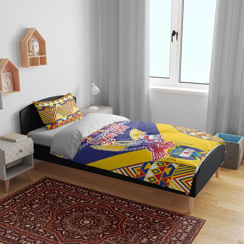 Personalized bedding set on modern bed with blue and yellow condor pattern