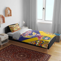 Personalized bedding set on modern bed with blue and yellow condor pattern