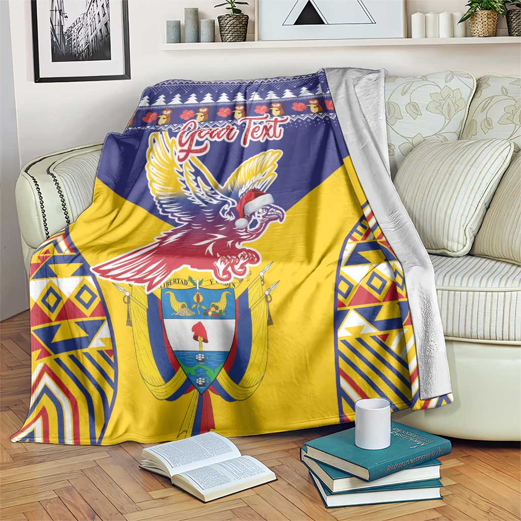 Personalized Christmas blanket, blue and yellow condor crest with geometric trim
