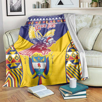 Personalized Christmas blanket, blue and yellow condor crest with geometric trim