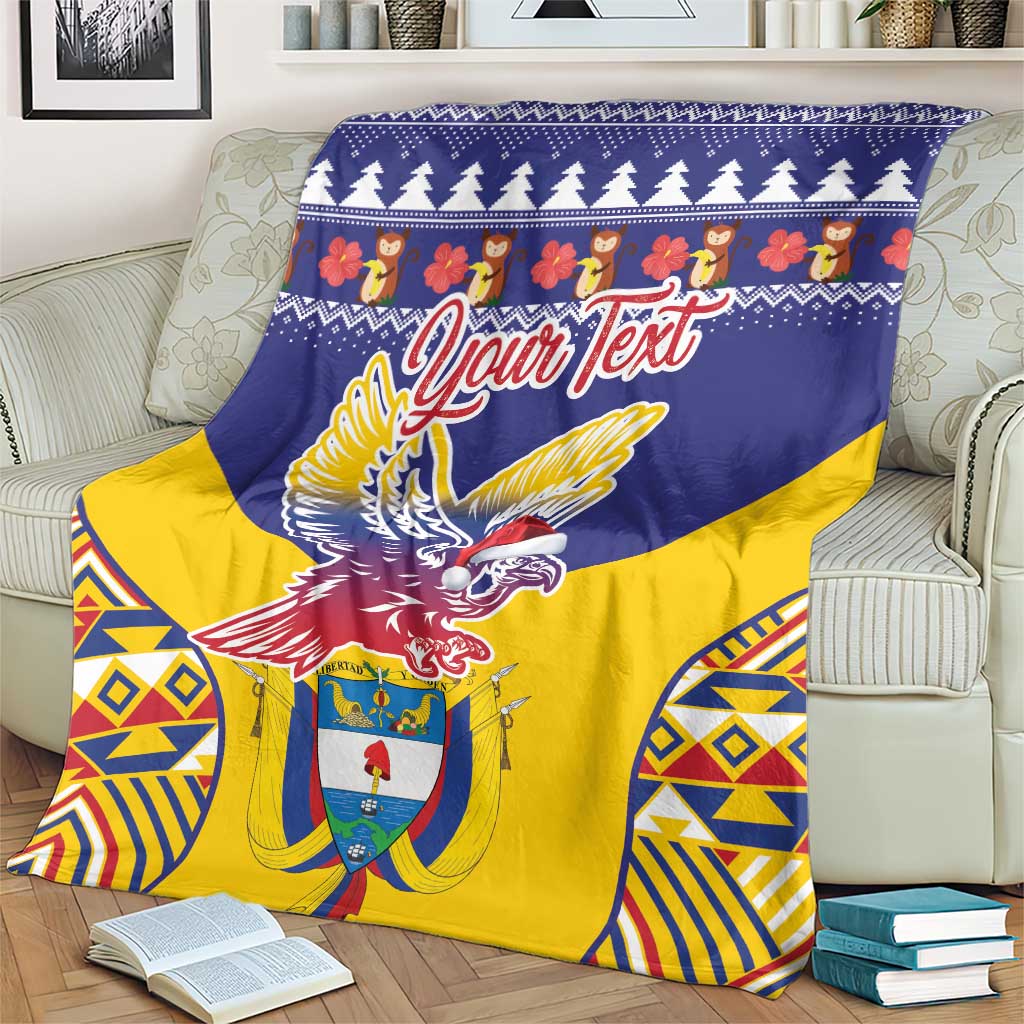 Personalized Christmas blanket, blue and yellow condor crest with geometric side panels