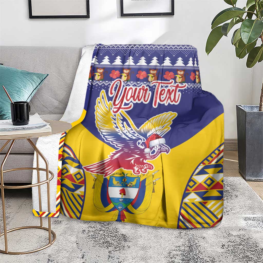Personalized Christmas blanket, blue and yellow condor crest with geometric corner accents
