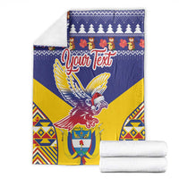 Personalized Christmas blanket, blue and yellow condor crest with 'Your Text' and trees