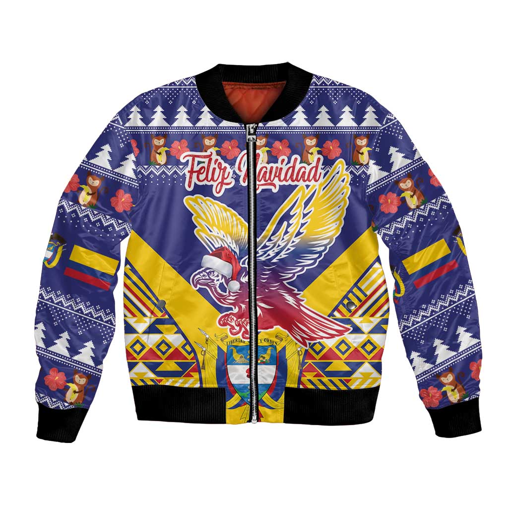 Unisex blue Christmas bomber jacket with full front zip, ribbed cuffs, Andes-style pattern