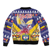 Unisex blue Christmas bomber jacket, back view with full zip and large condor graphic