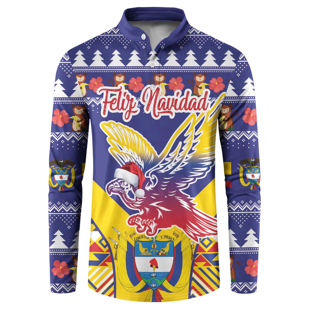 Blue Christmas button sweatshirt with condor and festive patterned graphic front